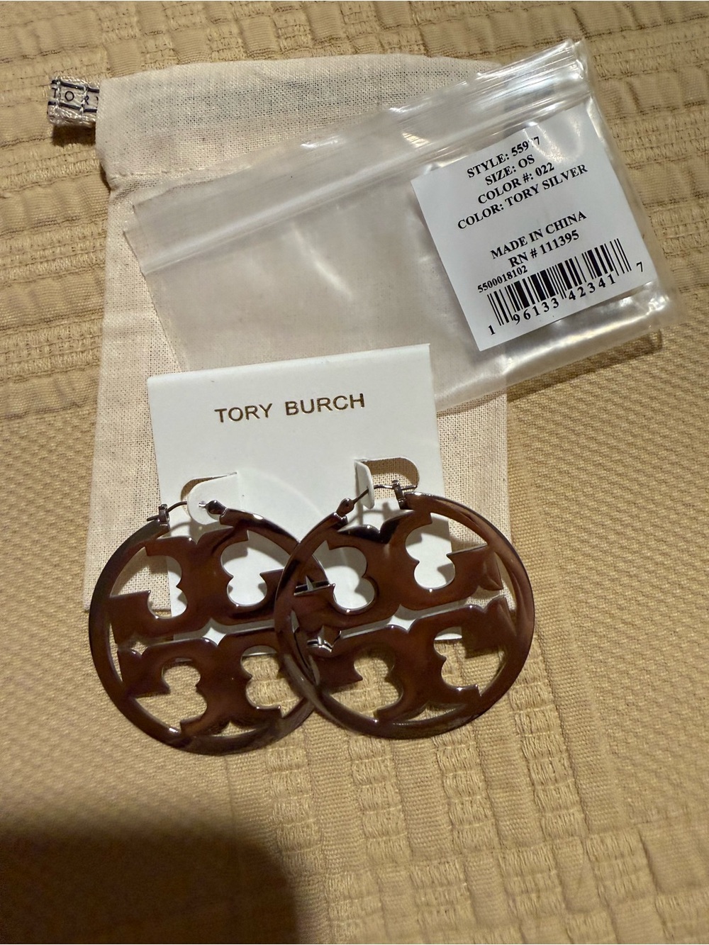 TORY BURCH Silver Miller Icon Double T Logo 2” Hoop Earrings NWT